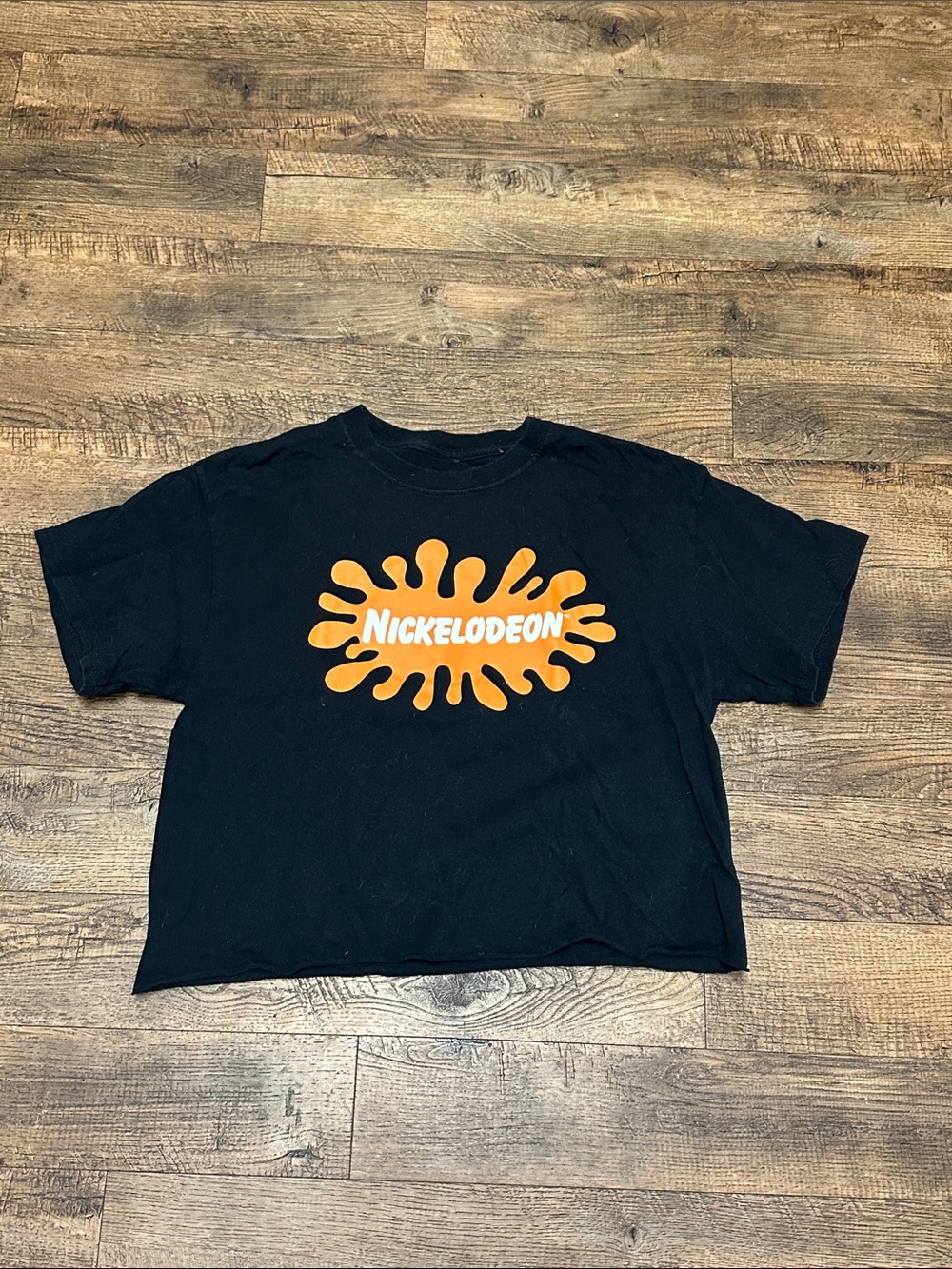 Nickelodeon Cropped Black Tee with Orange Splat Logo Size Medium